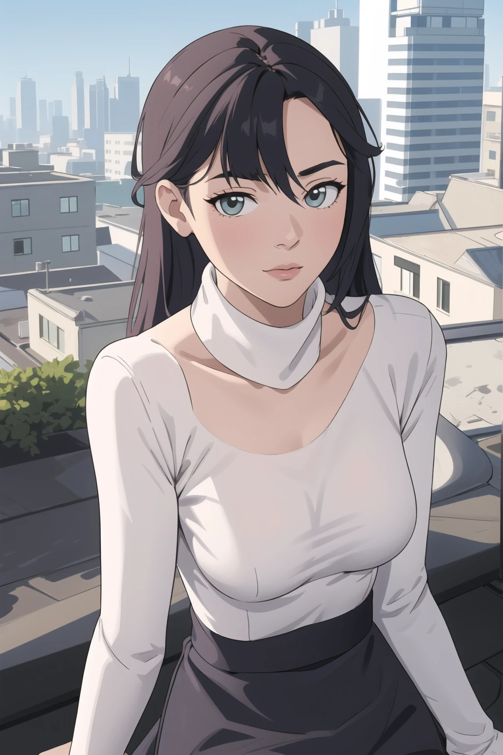 best quality, masterpiece, Mona, (white sweater turtleneck, modest clothing:1.15), choker, perky breasts, looking at viewer, upper body, rooftop, sitting, overlooking city