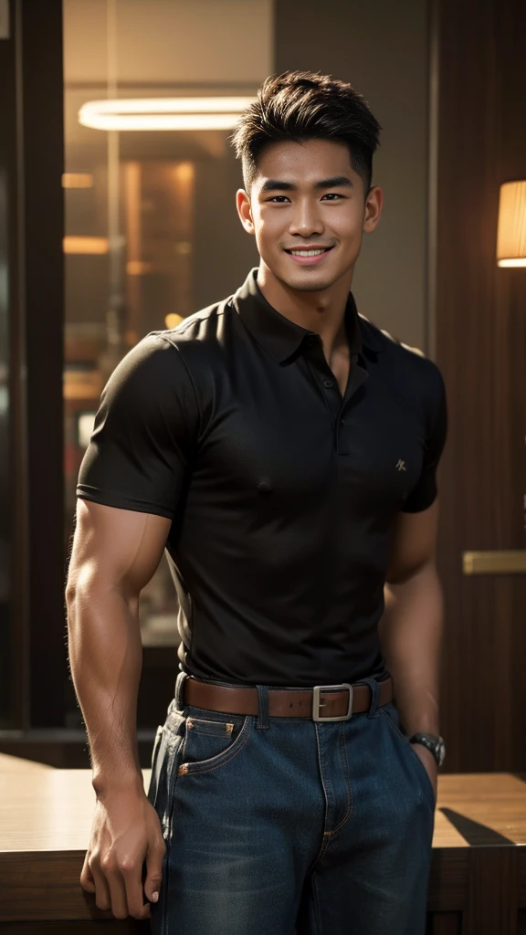 Thai man, short hairstyle, buzz cut, handsome, muscular, big muscles, wide shoulders, male model wearing a black polo shirt and jeans, standing and smiling.