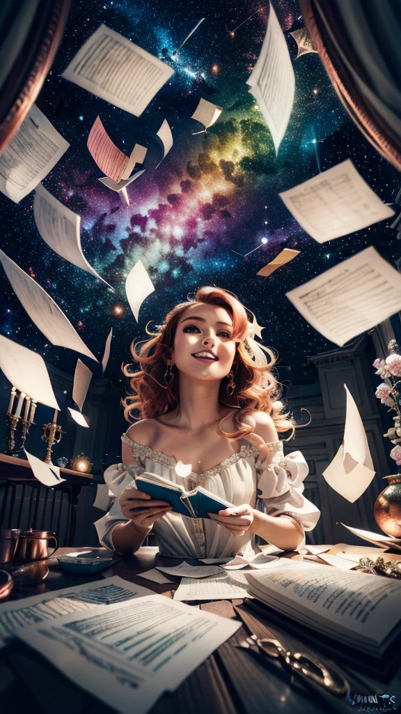 masterpiece,best quality,aesthetic,detailed face,subsurface scattering,looking up,
wrenchsfantasy,fantasy,1girl,photo of a cute girl,light smile,charming,20yo,ringlets hair.Hair flaps,Copper hair,glowing,cloud,colorful || starry,stars,paperexplosion,surrounded by papers,papers flying in the air,papers flying from,
space_style,style-swirlmagic,style-sylvamagic,rainbow-candy,
heavenly, celestial, delicate, elegant, stunning, magical atmosphere, illuminated, divine illumination, detailed, cinematic, extremely, focused, beautiful, intricate, amazing composition, aesthetic, sharp focus, perfect, brilliant