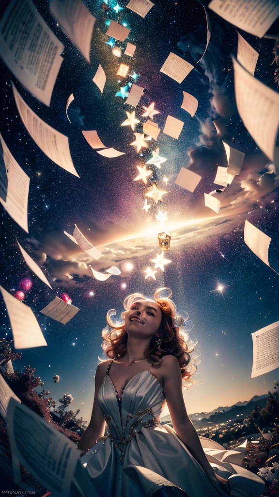 masterpiece,best quality,aesthetic,detailed face,subsurface scattering,looking up,
wrenchsfantasy,fantasy,1girl,photo of a cute girl,light smile,charming,20yo,ringlets hair.Hair flaps,Copper hair,glowing,cloud,colorful || starry,stars,paperexplosion,surrounded by papers,papers flying in the air,papers flying from,
space_style,style-swirlmagic,style-sylvamagic,rainbow-candy,
heavenly, celestial, delicate, elegant, stunning, magical atmosphere, illuminated, divine illumination, detailed, cinematic, extremely, focused, beautiful, intricate, amazing composition, aesthetic, sharp focus, perfect, brilliant