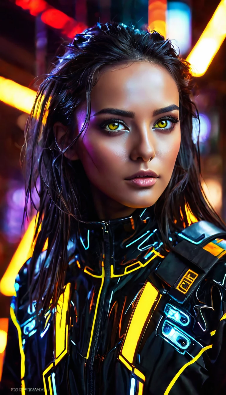 bright yellow eyes, ultra-detailed,vibrant colors,sci-fi,portrait,dramatic lighting,detailed facial features,dark background,long hair,glowing eyes,futuristic clothing,expressionless face,metallic texture,bright highlights,high contrast,radiant colors,artificial intelligence theme,sharp focus,technological elements,shadows and highlights,ethereal glow,neon lights,stormy atmosphere,otherworldly setting,unconventional composition,sharp lines,sleek design,mysterious atmosphere,unearthly beauty,digital enhancements,advanced technology,glowing circuitry,abstract background,ominous presence,subtle reflections,energetic pose,unique perspective,foreshortening effect,symmetrical composition,imposing presence,dynamic energy,striking visual impact,translucent overlays,organic and mechanical fusion.