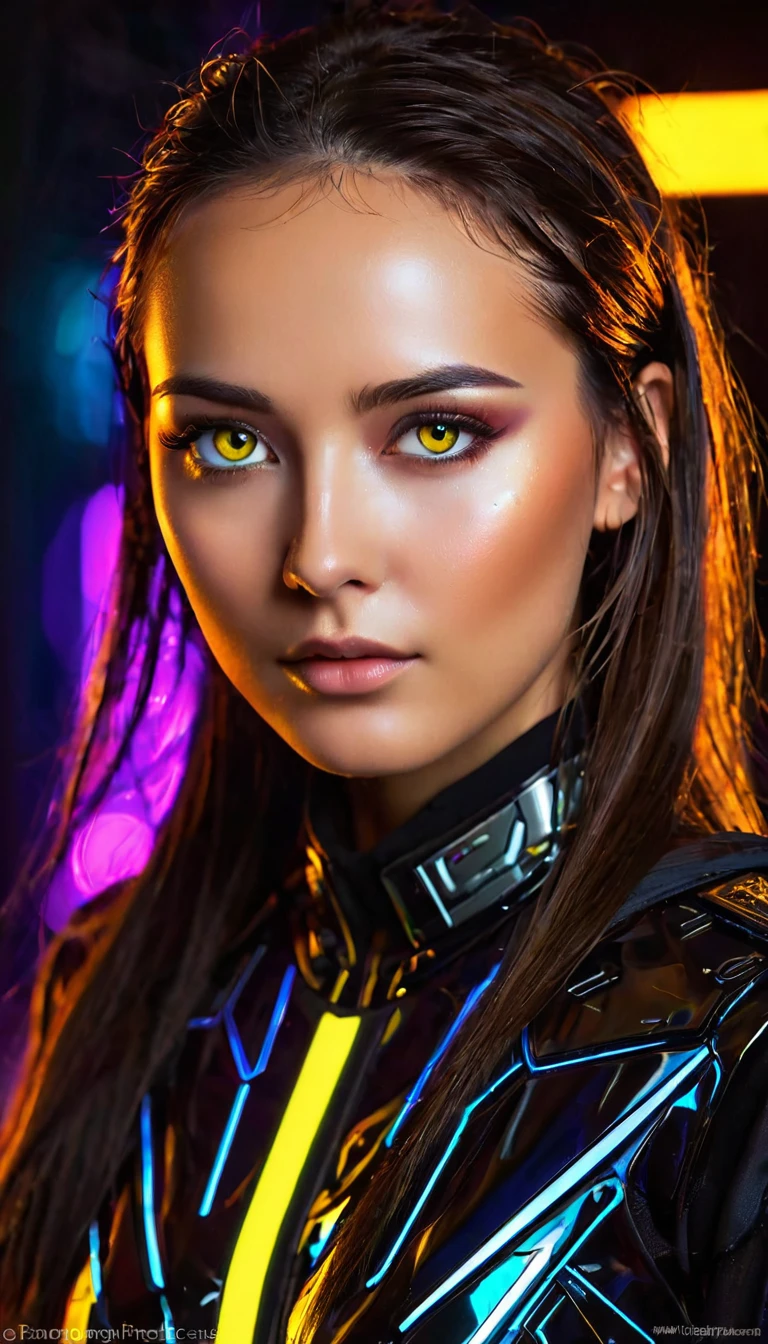 olhos amarelos brilhantes, Ultra-detalhado,cores vibrantes,sci-fi,Retrato,iluminação dramática,características faciais detalhadas,fundo escuro,cabelo longo,olhos brilhantes,roupas futuristas,rosto inexpressivo,Textura metálica,destaques brilhantes,Alto contraste,cores radiantes,tema inteligência artificial,foco nitído,elementos tecnológicos,Sombras e destaques,brilho etéreo,luzes de neon,atmosfera tempestuosa,cenário de outro mundo,composição não convencional,Linhas nítidas,design atraente,atmosfera misteriosa,Beleza sobrenatural,melhorias digitais,tecnologia avançada,circuito brilhante,fundo abstrato,presença sinistra,reflexos sutis,Pose energética,perspectiva única,efeito de escorço,Composição simétrica,presença imponente,energia dinâmica,impacto visual impressionante,sobreposições translúcidas,fusão orgânica e mecânica.