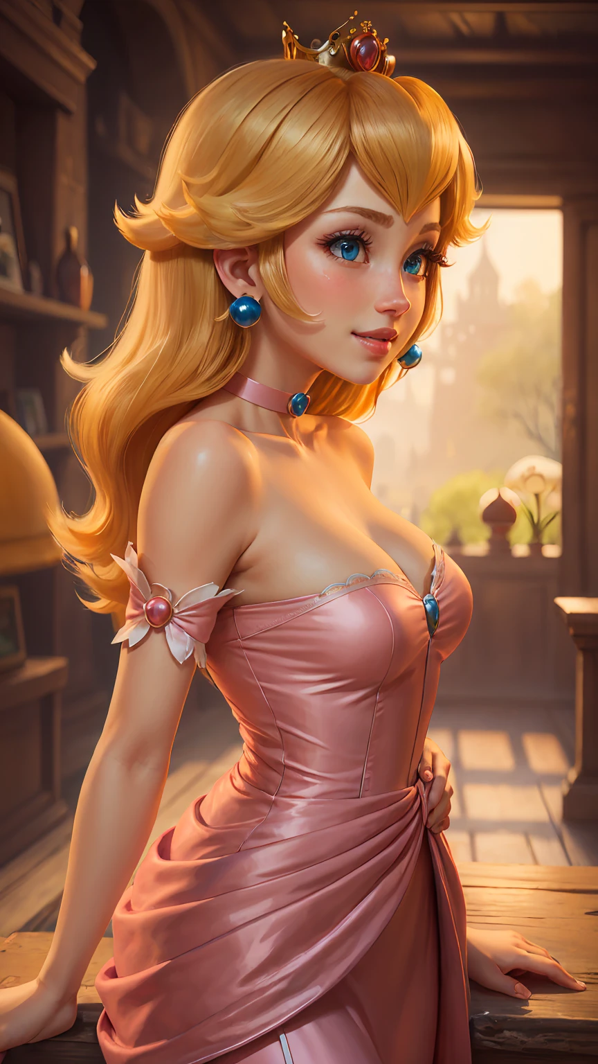 highres, masterpiece, perfect ligthing, bloom, cinematic lighting, adult, perfect skin, female, from side, cowboy shot, smile, narrow waist, skinny,  (PrincessPeach), (Princess Peach), (Pink Dress), detailled eyes, blue eyes, choker, sensual, mushrooms,mushroom kingdom, pink lips, ((glossy lips)), pursed lips, pink pumps, glossy skin, oily skin, beautiful light, (day:1.3), bright,