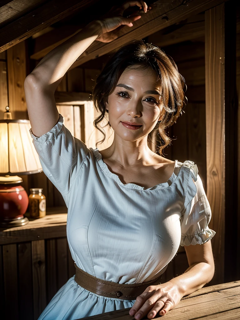 (masterpiece:1.4),(Beautiful 68 year old woman:1.5),(Facial wrinkles : 1.2), detailed face, (traditional dirndl : 1.2), (plump body : 1), white skin, pores, skin blemishes, dull skin, gentle smile, wavy hair, large saggy breasts, (hanging breasts), limp breasts, soft breasts, flabby breasts, flexible breasts, in a shed, detailed backgrounds, night time, lamp is the only light-source