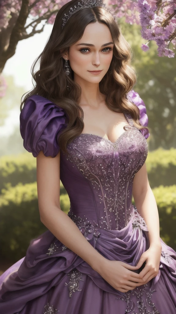 Masterpiece, absurdres, fine detail, HDR, highly detailed face and eyes, photorealistic, smiling, excited,ballgown, keira knightley in a purple and white dress standing in front of a tree , wearing a ballgown,big breasts, detailed face, long eyelashes, colorful eye shadow, colorful makeup, 4k,8k