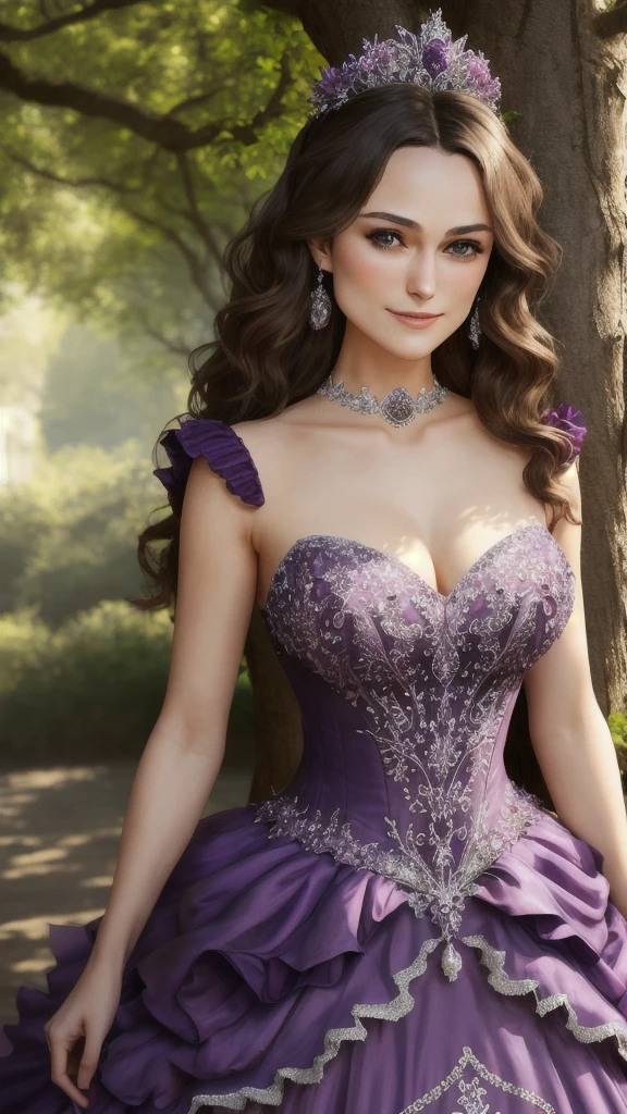 obra de arte, absurdos, Detalhes finos, HDR, highly rosto detalhado and eyes, fotorrealista, sorridente, excitado,vestido de baile, Keira Knightley em um vestido roxo e branco em pé em frente a uma árvore , wearing a vestido de baile,seios grandes, rosto detalhado, cílios longos, sombra colorida dos olhos, Maquiagem Colorida, 4K,8K