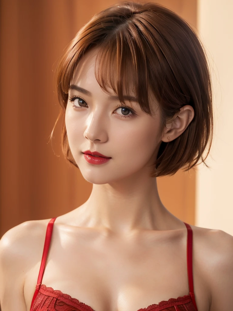 1girl, best quality, face focus, soft light, ultra high res, (photorealistic:1.4), slender abs:1.2,   (medium breasts:1.2),  Make-up face. light Red lipstick.   (((Short brown hair))), ((Red bra)), Cute pose.   Stand.