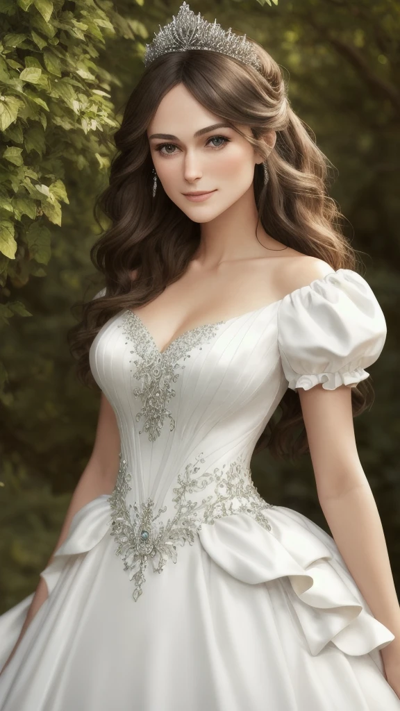 obra de arte, absurdos, Detalhes finos, HDR, highly rosto detalhado and eyes, fotorrealista, sorridente, excitado,vestido de baile, Keira Knightley em um vestido branco e preto, de pé em frente a uma árvore , wearing a vestido de baile,seios grandes, rosto detalhado, cílios longos, sombra colorida dos olhos, Maquiagem Colorida, 4K,8K,cintura muito fina,fotografia de corpo inteiro 