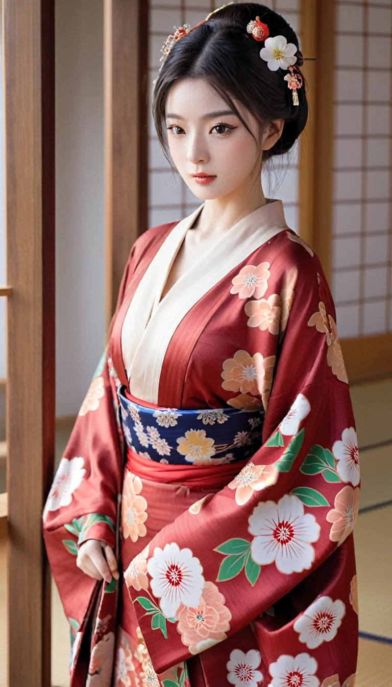 Dressed in a delicate red floral kimono、A hall crowned with melancholy flowers々A beautiful portrait of a beautiful woman、Famous Sa々Reminds me of Kizuki。This breathtaking trending image from CG Society、Showing the utmost realism、It takes the viewer to the Sengoku period.。A woman dressed in traditional attire who was a concubine of a Japanese warlord、Exudes timeless beauty、His gaze is cast thoughtfully downwards。Her outfit vividly expresses the artistic beauty of her kimono in beautiful colors.、They feature the intricate patterns and understated elegance that characterize this period.。This image is a mesmerizing masterpiece.、Worth it