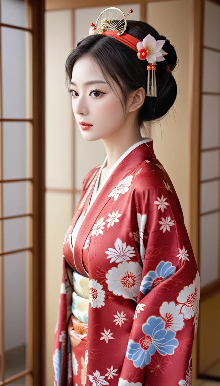 Dressed in a delicate red floral kimono、A hall crowned with melancholy flowers々A beautiful portrait of a beautiful woman、Famous Sa々Reminds me of Kizuki。This breathtaking trending image from CG Society、Showing the utmost realism、It takes the viewer to the Sengoku period.。A woman dressed in traditional attire who was a concubine of a Japanese warlord、Exudes timeless beauty、His gaze is cast thoughtfully downwards。Her outfit vividly expresses the artistic beauty of her kimono in beautiful colors.、They feature the intricate patterns and understated elegance that characterize this period.。This image is a mesmerizing masterpiece.、Worth it