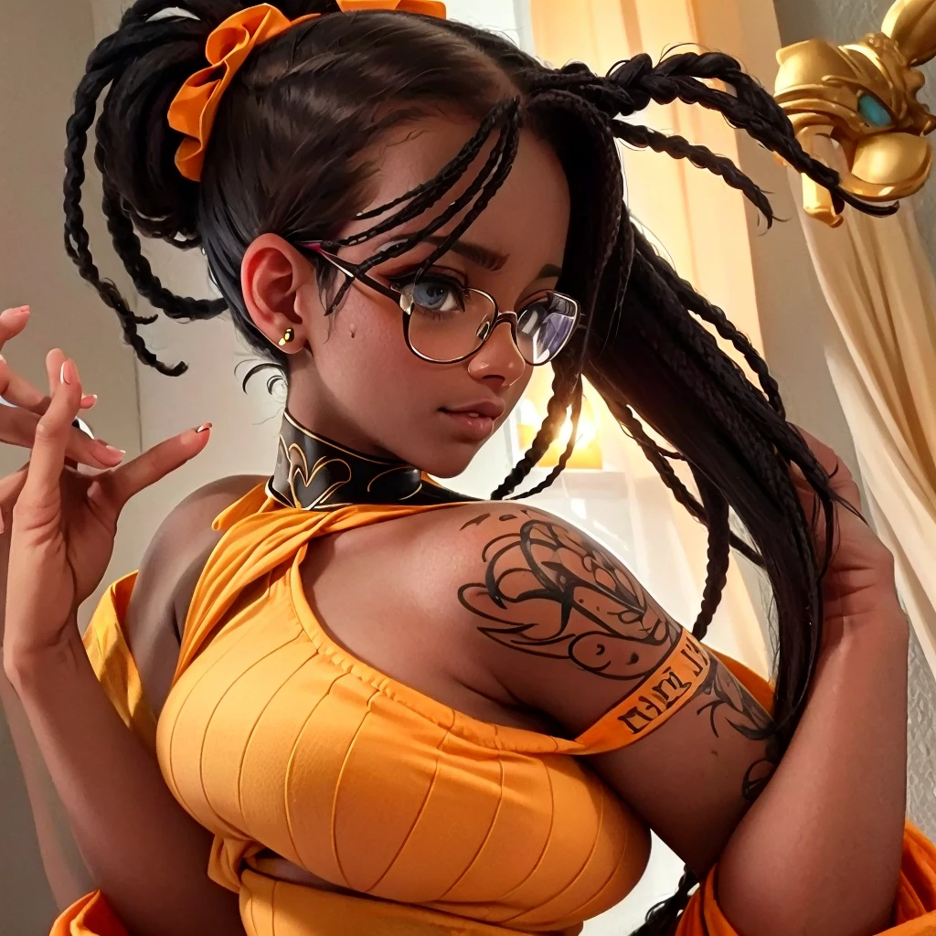 (masterpiece:1.2), (best quality), (ultra detailed), (8k, 4k, intricate),(half-body-shot:1), (highly detailed:1.2),(detailed background:1.2),((braided dreadlocks), An photo of a woman with glasses and a orange-yellow crop-top shirt, 3/4 bust, thicc, tattoos on breasts and neck, bust shot, angelawhite, sie boob, close up half body shot, thick neck, chest up bust shot, close up bust shot, bust view, african domme mistress, shot from the side, profile shot