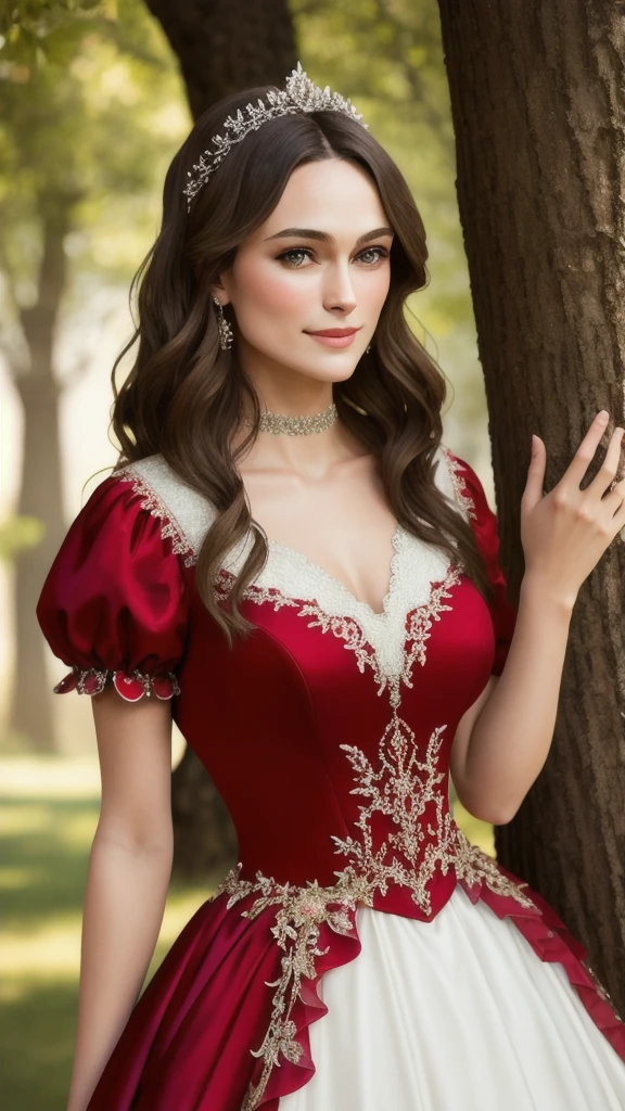 Masterpiece, absurdres, fine detail, HDR, highly detailed face and eyes, photorealistic, smiling, excited,ballgown, keira knightley in a red and white dress standing in front of a tree , wearing a ballgown,big breasts, detailed face, long eyelashes, colorful eye shadow, colorful makeup, 4k,8k,very tiny waist,full body photography 