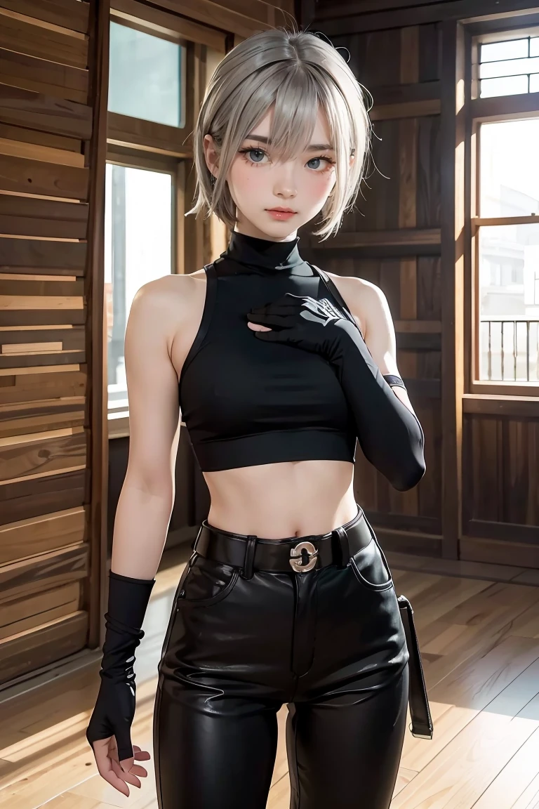 masterpiece, best quality,alhaitham(genshin impact), 1girl, female focus, shirt, solo, gloves, sleeveless shirt, grey hair, green eyes, sleeveless, ahoge, black shirt, bangs, hair over one eye, black gloves, indoors, sanctuary, fingerless gloves, black pants, pants, swept bangs, boots, bare shoulders, short hair, elbow gloves,(kbxll:0.6), open hands, muscles