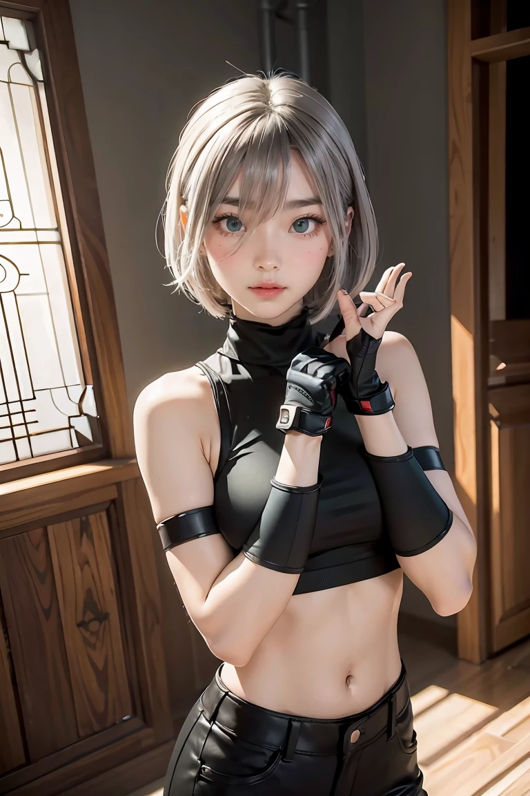 masterpiece, best quality,alhaitham(genshin impact), 1girl, female focus, shirt, solo, gloves, sleeveless shirt, grey hair, green eyes, sleeveless, ahoge, black shirt, bangs, hair over one eye, black gloves, indoors, sanctuary, fingerless gloves, black pants, pants, swept bangs, boots, bare shoulders, short hair, elbow gloves,(kbxll:0.6), open hands, muscles