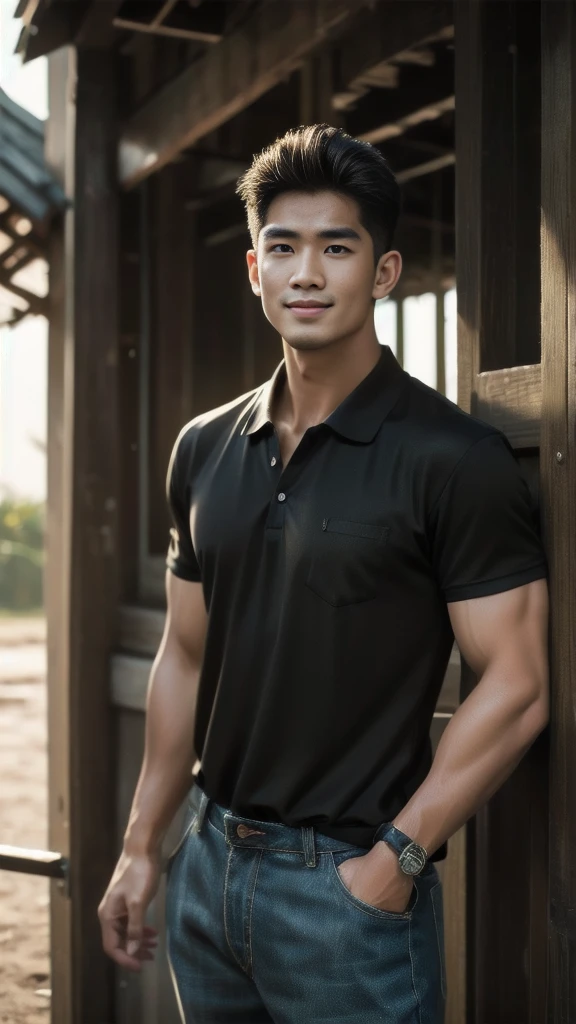 Natural light, realistic, Thai man, ทรงผมสั้น buzz cut, Handsome, muscular, big muscles, Broad shoulders, model,  Wearing a black polo shirt and jeans, he stood and smiled. , outdoor outside