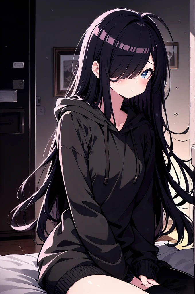 side view, colorful, (best quality, ultra-high resolution, depth of field:1.2), 1woman, (gothic), black hair, (long black hair), messy hair, hair over one eye, purple eyes, cozy sweater, hoodie, black soggy pants, (dimly lit room:1.2), melancholic expression, (somber atmosphere:1.3), sitting on a bed