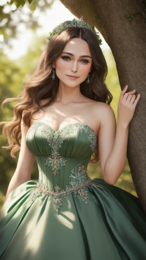 Masterpiece, absurdres, fine detail, HDR, highly detailed face and eyes, photorealistic, smiling, excited,ballgown, keira knightley in a dark green and white dress standing in front of a tree , wearing a ballgown,big breasts, detailed face, long eyelashes, colorful eye shadow, colorful makeup, 4k,8k,very tiny waist,full body photography 