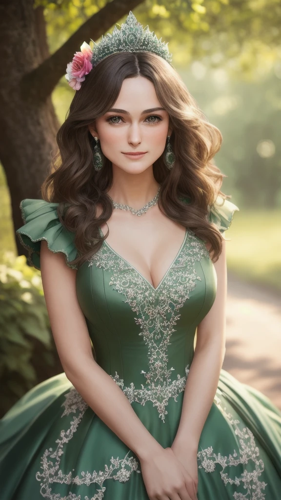 Masterpiece, absurdres, fine detail, HDR, highly detailed face and eyes, photorealistic, smiling, excited,ballgown, keira knightley in a dark green and white dress standing in front of a tree , wearing a ballgown,big breasts, detailed face, long eyelashes, colorful eye shadow, colorful makeup, 4k,8k,very tiny waist,full body photography 