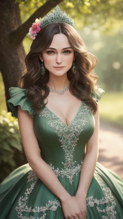 Masterpiece, absurdres, fine detail, HDR, highly detailed face and eyes, photorealistic, smiling, excited,ballgown, keira knight...
