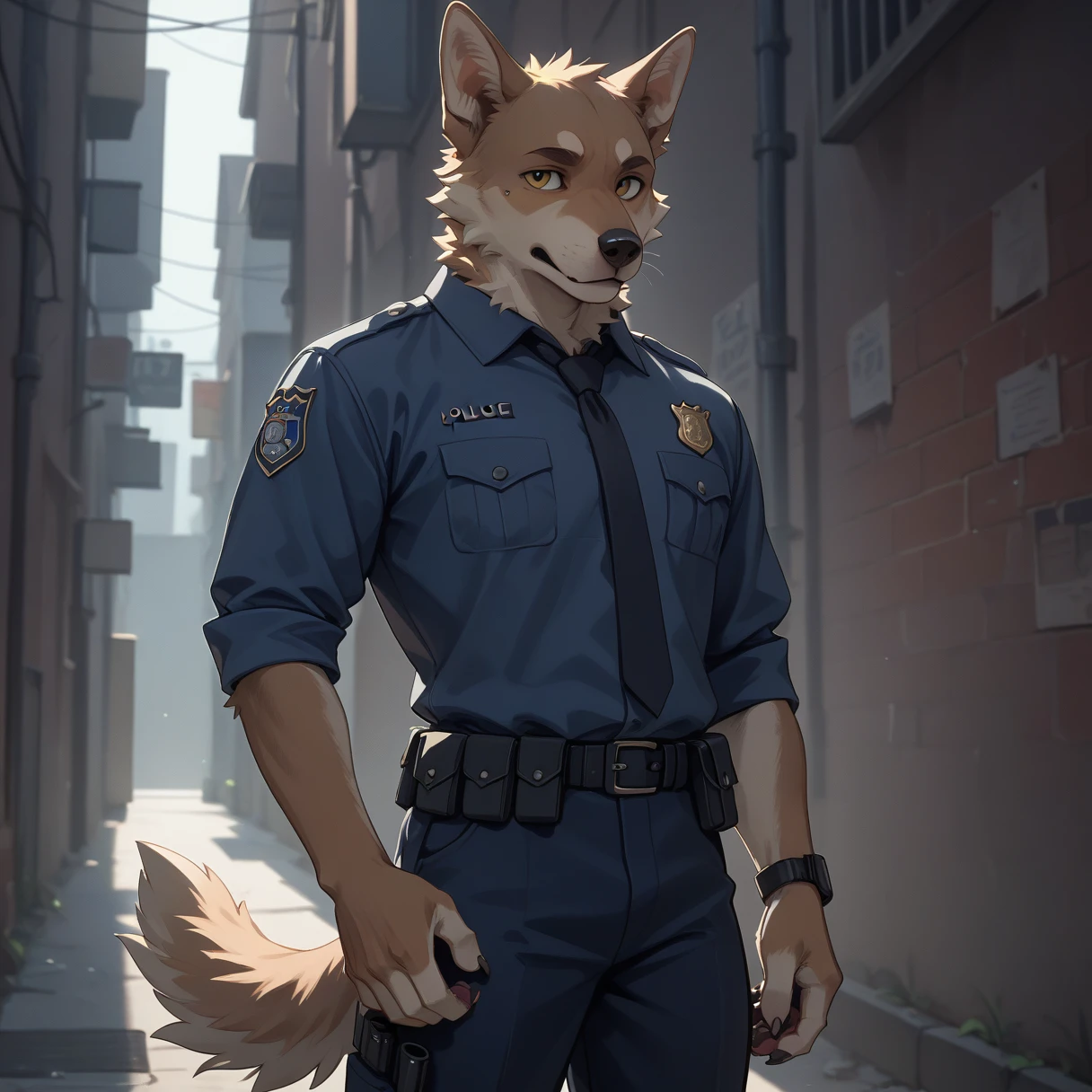 （Furry、Dog boy police officer）、Back Alley、I can see my stomach、slim、Are standing