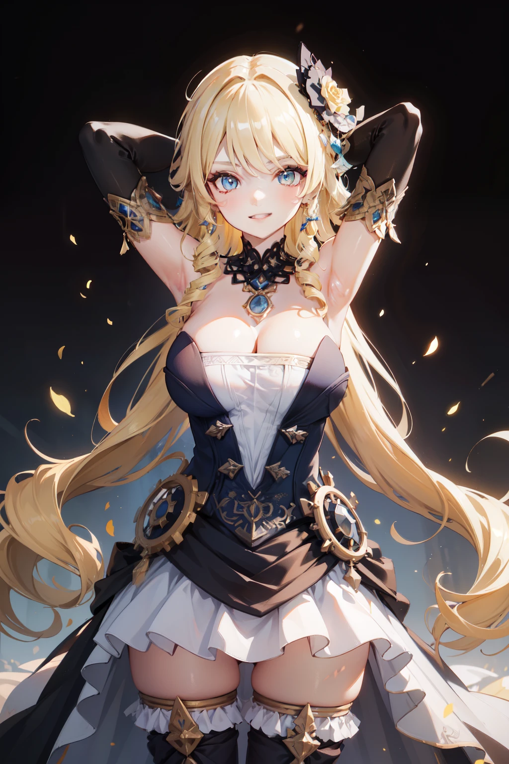 (masterpiece, best quality), 1girl,  navia,long hair,blonde hair, blue eyes,naked dress,bangs,gloves,bare shoulders, cleavage, thighhighs,black gloves,drill hair,detached sleeves, spread legs, pussy, arms behind head, both armpits, cowboy shot, smile, beautiful face, looking at viewer, full body, nude, cleavage, clavicle, clean neck