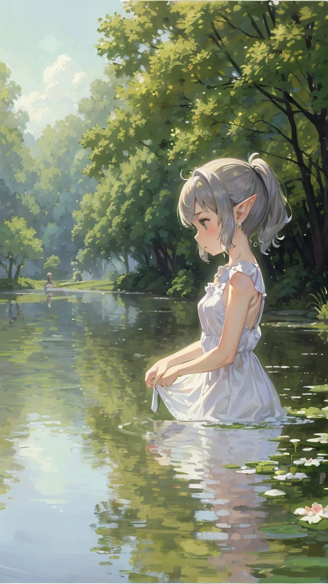 Claude Monet style, Impressionism, 1 Girl, Focus on upper body, (White camisole dress), 14 years old, whole body, Silver short hair, pond, wet, ((Curtsey)), Elf ears, nipple through, transparent