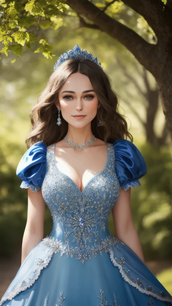 Masterpiece, absurdres, fine detail, HDR, highly detailed face and eyes, photorealistic, smiling, open mouth excited,ballgown, keira knightley in a blue and white dress standing in front of a tree , wearing a ballgown,big breasts, detailed face, long eyelashes, colorful eye shadow, colorful makeup, 4k,8k,very tiny waist,full body photography 