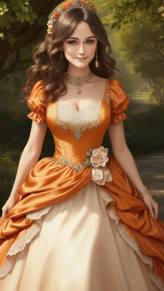 Masterpiece, absurdres, fine detail, HDR, highly detailed face and eyes, photorealistic, smiling, open mouth excited,ballgown, keira knightley in a orange and white silk dress standing in front of a tree , wearing a ballgown,big breasts, detailed face, long eyelashes, colorful eye shadow, colorful makeup, 4k,8k,very tiny waist,full body photography 