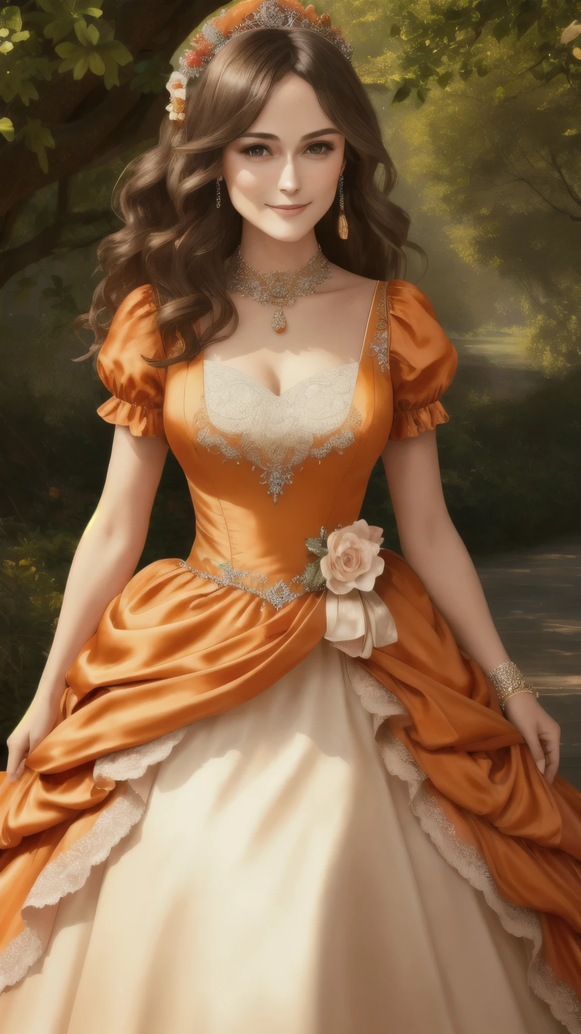 obra de arte, absurdos, Detalhes finos, HDR, highly rosto detalhado and eyes, fotorrealista, sorridente, boca aberta animada,vestido de baile, Keira Knightley em um vestido de seda laranja e branco, em pé na frente de uma árvore , wearing a vestido de baile,seios grandes, rosto detalhado, cílios longos, sombra colorida dos olhos, Maquiagem Colorida, 4K,8K,cintura muito fina,fotografia de corpo inteiro 