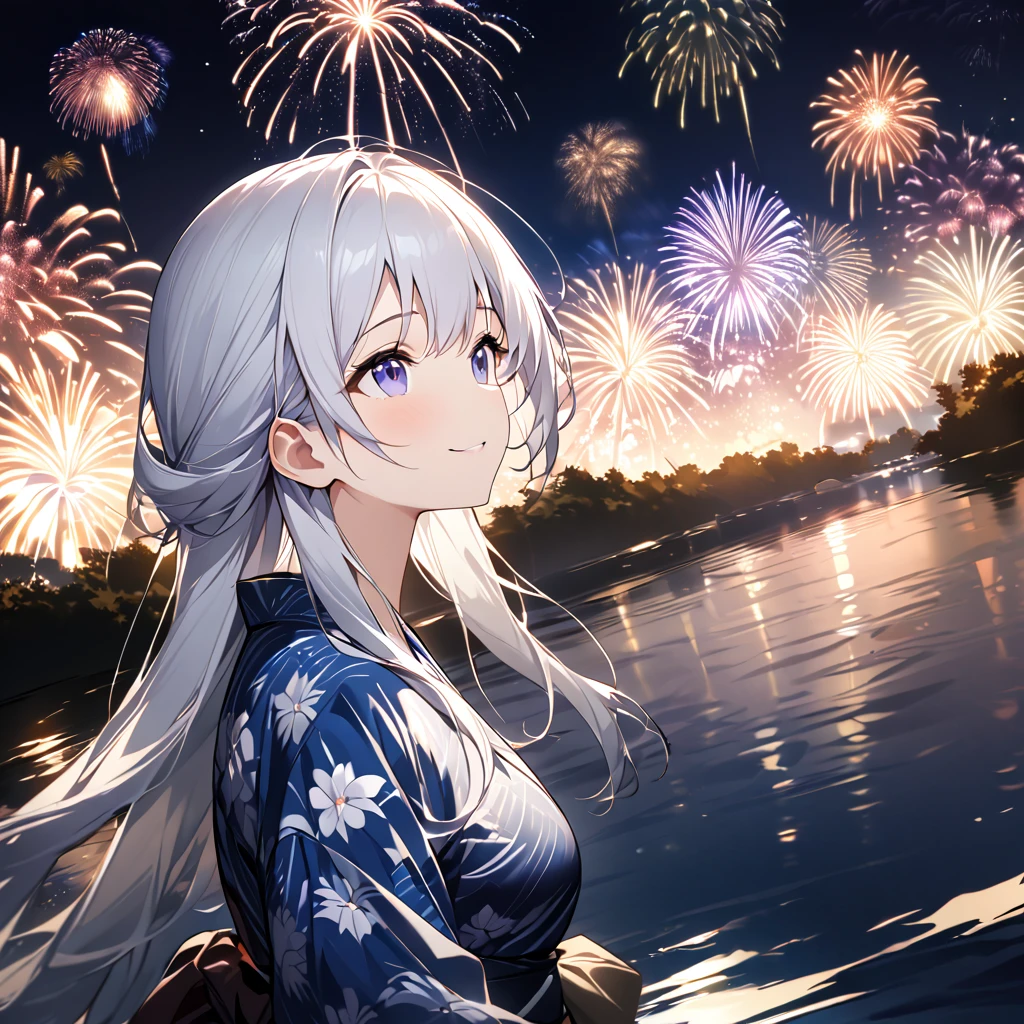 Highest quality, masterpiece, The girl who grants wishes,silver long hair,Dark blue eyes,Double exposure, The best smile, Looking up at the sky, yukata, River bank, Night view, Fireworks display, Big fireworks