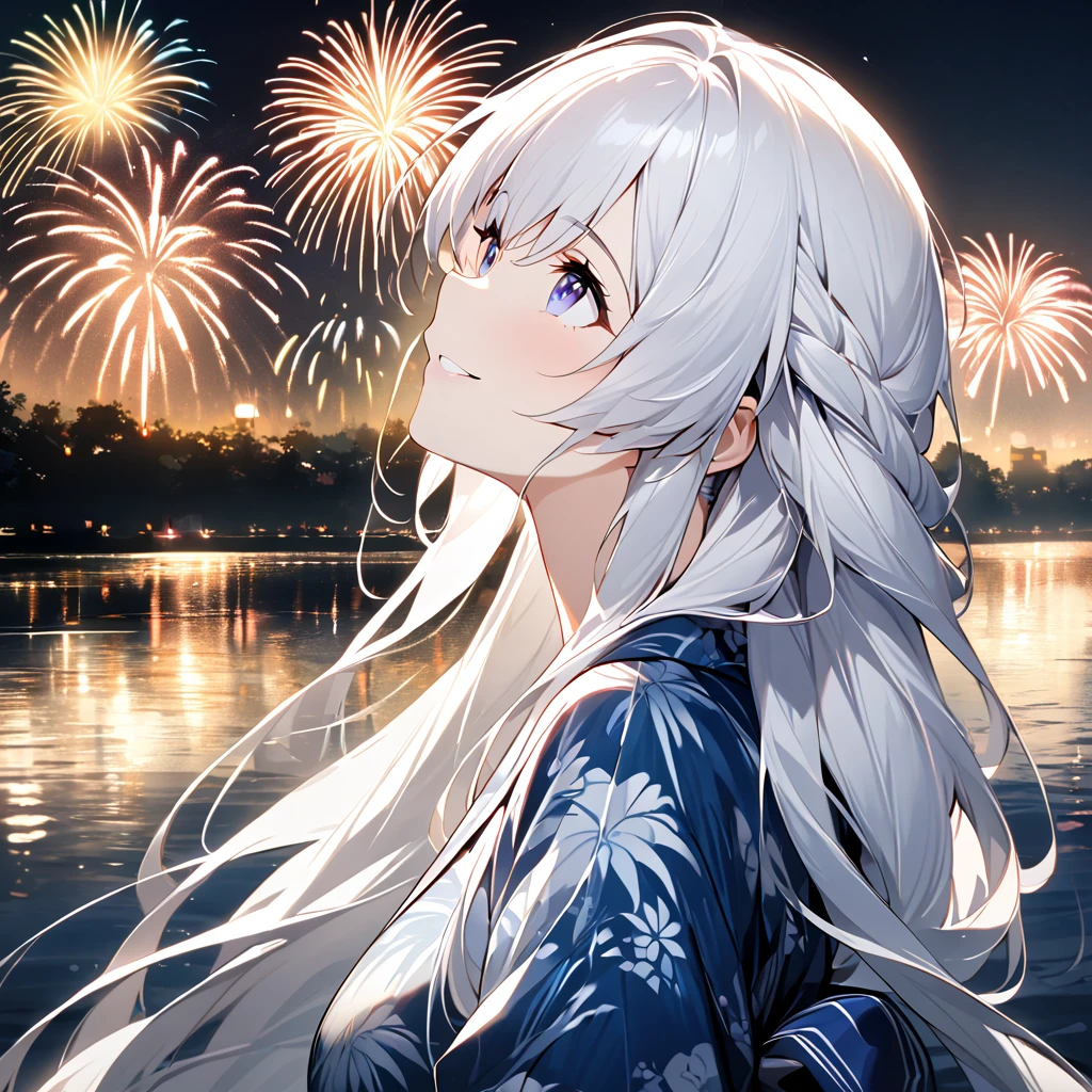 Highest quality, masterpiece, The girl who grants wishes,silver long hair,Dark blue eyes,Double exposure, The best smile, Looking up at the sky, yukata, River bank, Night view, Fireworks display, Big fireworks