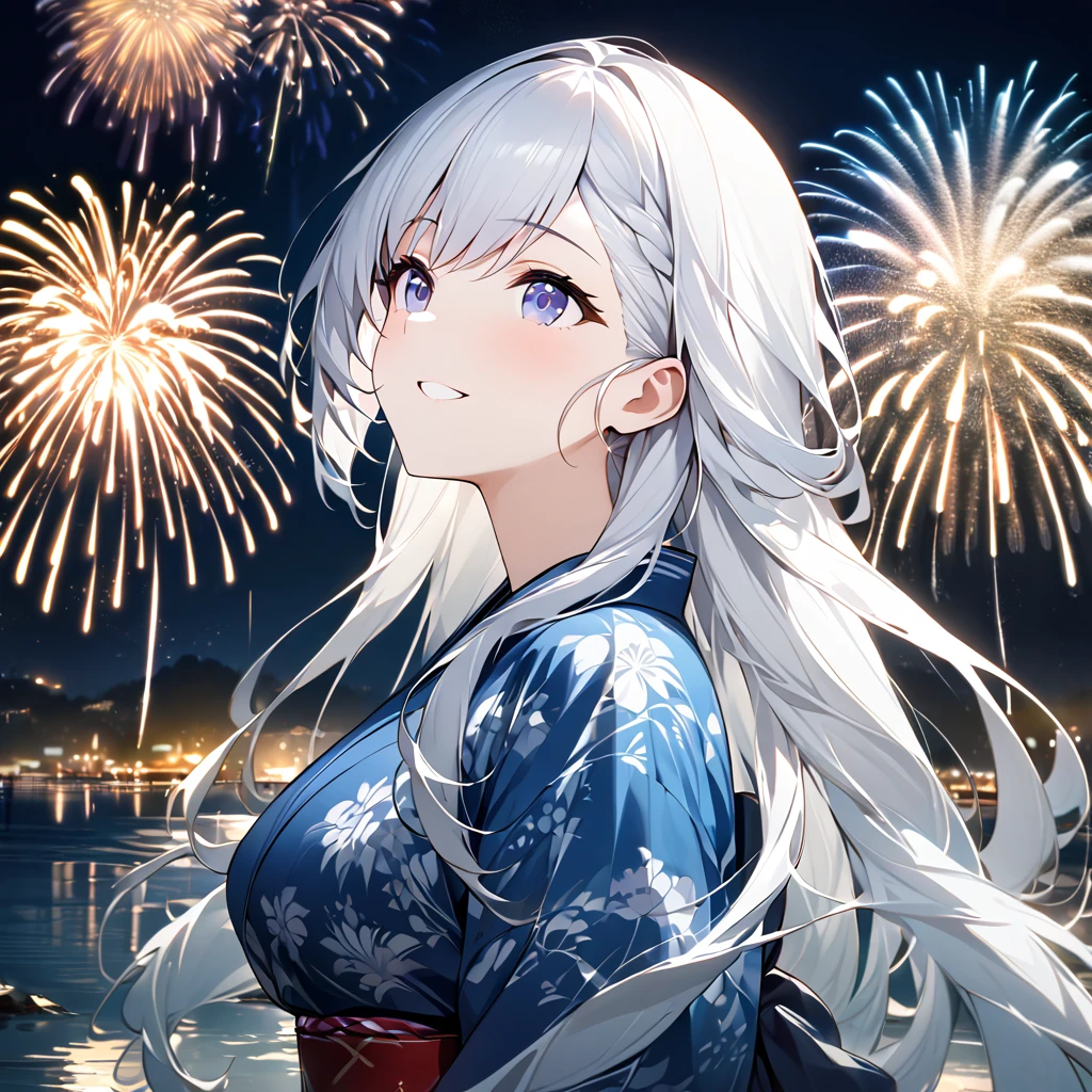 Highest quality, masterpiece, The girl who grants wishes,silver long hair,Dark blue eyes,Double exposure, The best smile, Looking up at the sky, yukata, River bank, Night view, Fireworks display, Big fireworks