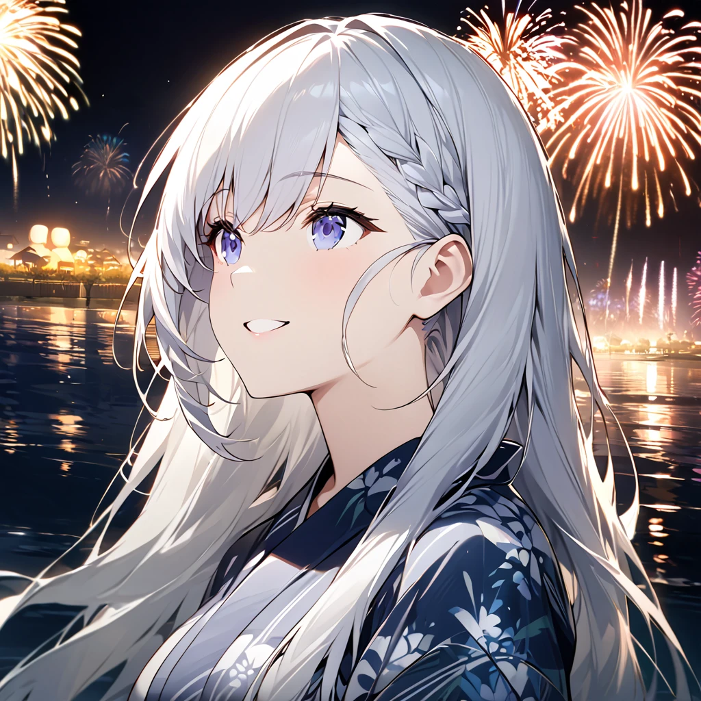 Highest quality, masterpiece, The girl who grants wishes,silver long hair,Dark blue eyes,Double exposure, The best smile, Looking up at the sky, yukata, River bank, Night view, Fireworks display, Big fireworks