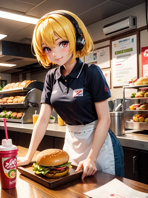 satoko hojo, one girl,  (yellow hair), blonde, red eyes, short hair,  small breasts, 11 years old,  alone, uniform, cap, apron, ...