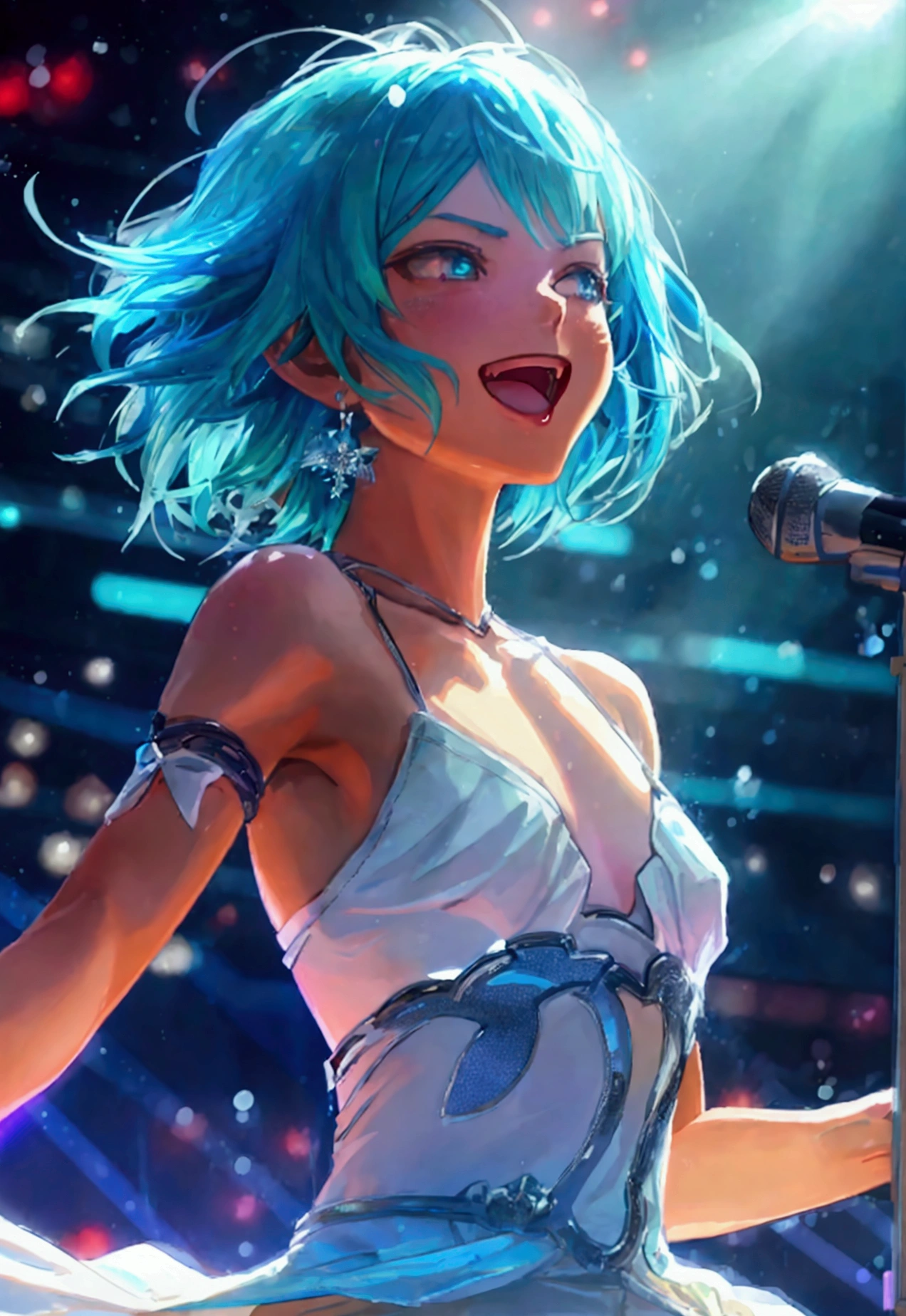 1 chica, Mujer anime con cabello azul verdoso., arena, lugar de música en vivo, Cantando, sosteniendo el micrófono, saltando, break estilo animado, estilo animado, mujer joven anime, sonriente, pelo semi corto, ilustración de anime digital, Golpes, pelo de cristal, Cabello brillante, romper vestido blanco, pendientes de copo de nieve, serious, brillante, luz reflectante, ((pecho plano)), ((pecho plano))