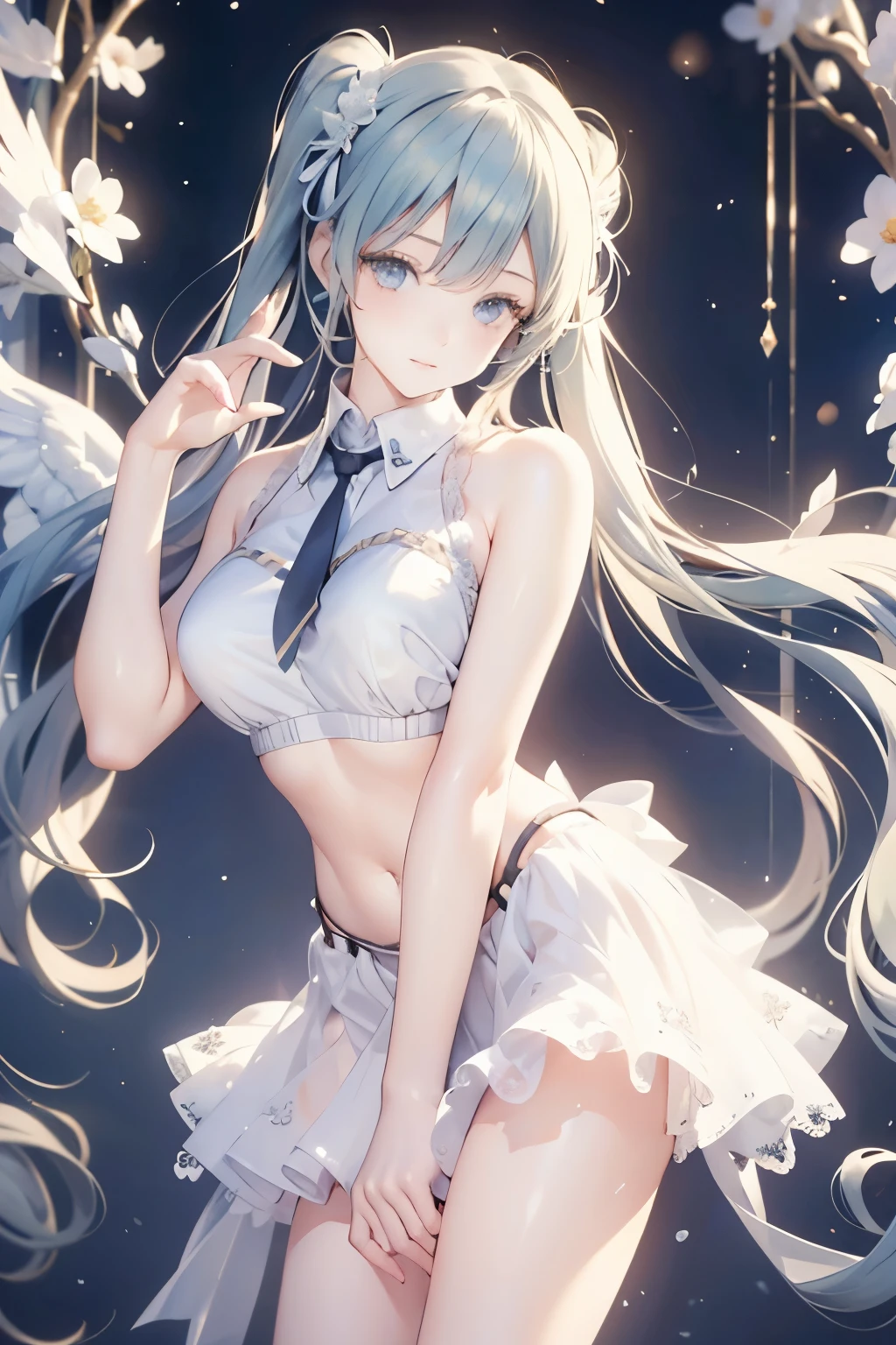 see through，Beautiful and fair、Radiant Skin, 3 Up, Gorgeous, bright, Refreshing and gentle expression, Perfect beautiful face、Beautiful shiny bangs, A very beautiful 1 girl, Eyeliner, Very perfect eyes，Very large breasts，Grooves reveal original skin，Muscular body，White lace suspenders，Hatsune Miku