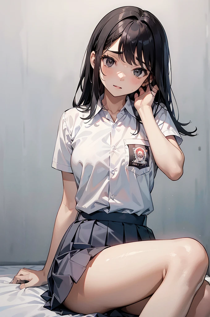 NSFW, 1 woman, 15 years old, ((long haircut)), black eyes, Indonesian high-school uniform, white shirt, osis logo on shirt pocket, flat breasts, grey pleated skirt, half-shot, innocent look, hands up, sitting, knees up, white panties, spread legs