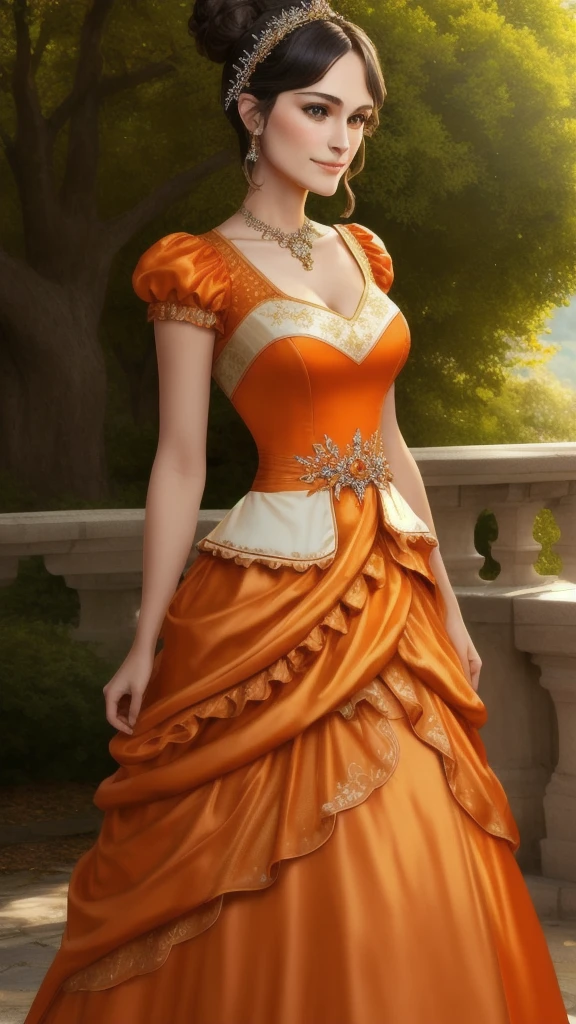 Masterpiece, absurdres, fine detail, HDR, highly detailed face and eyes, photorealistic, smiling, open mouth excited,ballgown, keira knightley in a orange and white silk dress standing in front of a tree , wearing a ballgown,big breasts, detailed face, long eyelashes, colorful eye shadow, colorful makeup, 4k,8k,very tiny waist,full body photography,hair bun,black hair