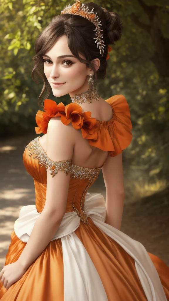 Masterpiece, absurdres, fine detail, HDR, highly detailed face and eyes, photorealistic, smiling, open mouth excited,ballgown, keira knightley in a orange and white silk dress standing in front of a tree , wearing a ballgown,big breasts, detailed face, long eyelashes, colorful eye shadow, colorful makeup, 4k,8k,very tiny waist,full body photography,hair bun,black hair