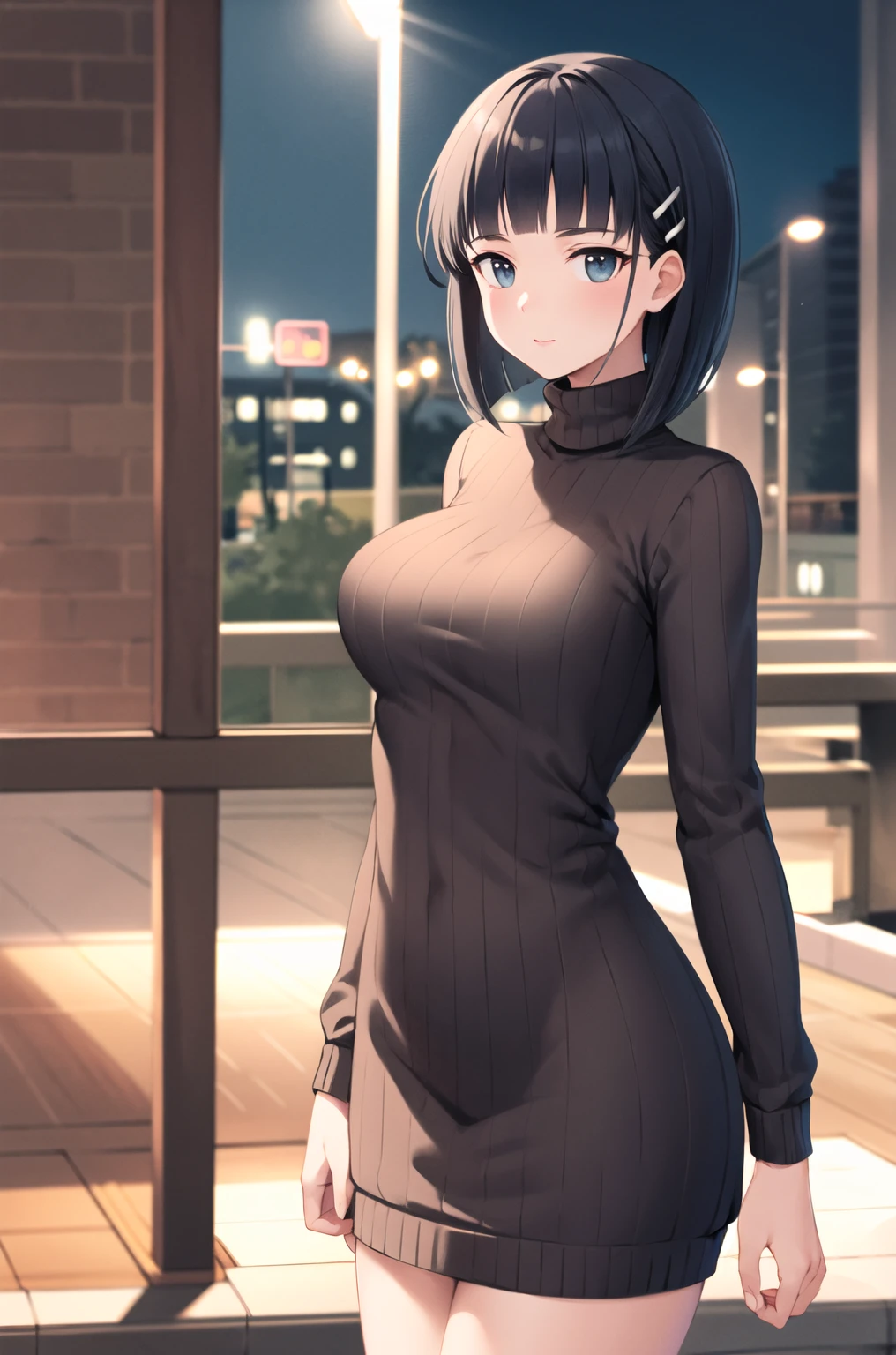 masterpiece, Highest quality, High resolution, His funeral, short hair, Hair Clip, Large Breasts, Sweater dress, No sleeve, night, street, Are standing, Cowboy Shot,