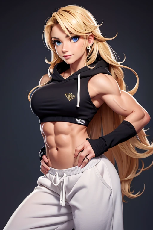 Cute lovely 20 yo woman, long blonde curly hair, most attractive, stylish hoodie, free midriff, long baggy trousers, sixpack abs, strong well defined muscle, lean powerful bodybuilder physique, perfect and flawless musculature, great muscle definition, perfect six-pack abs