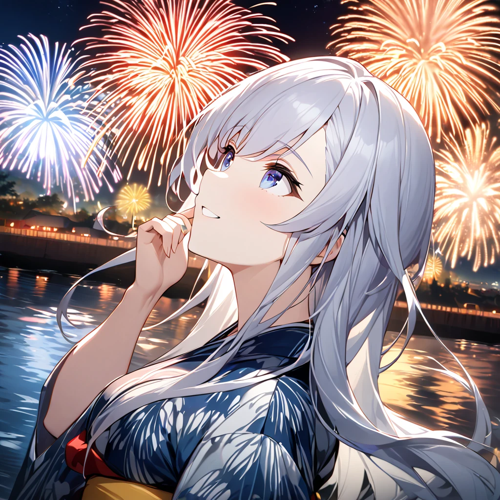 Highest quality, masterpiece, The girl who grants wishes,silver long hair,Dark blue eyes,Double exposure, The best smile, Looking up at the sky, yukata, River bank, Night view, Fireworks display, Big colorful fireworks