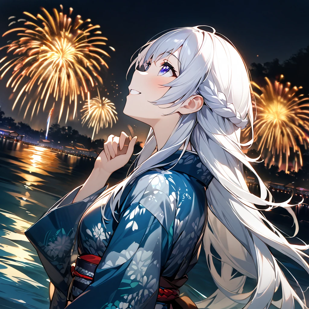 Highest quality, masterpiece, The girl who grants wishes,silver long hair,Dark blue eyes,Double exposure, The best smile, Looking up at the sky, yukata, River bank, Night view, Fireworks display, Big colorful fireworks