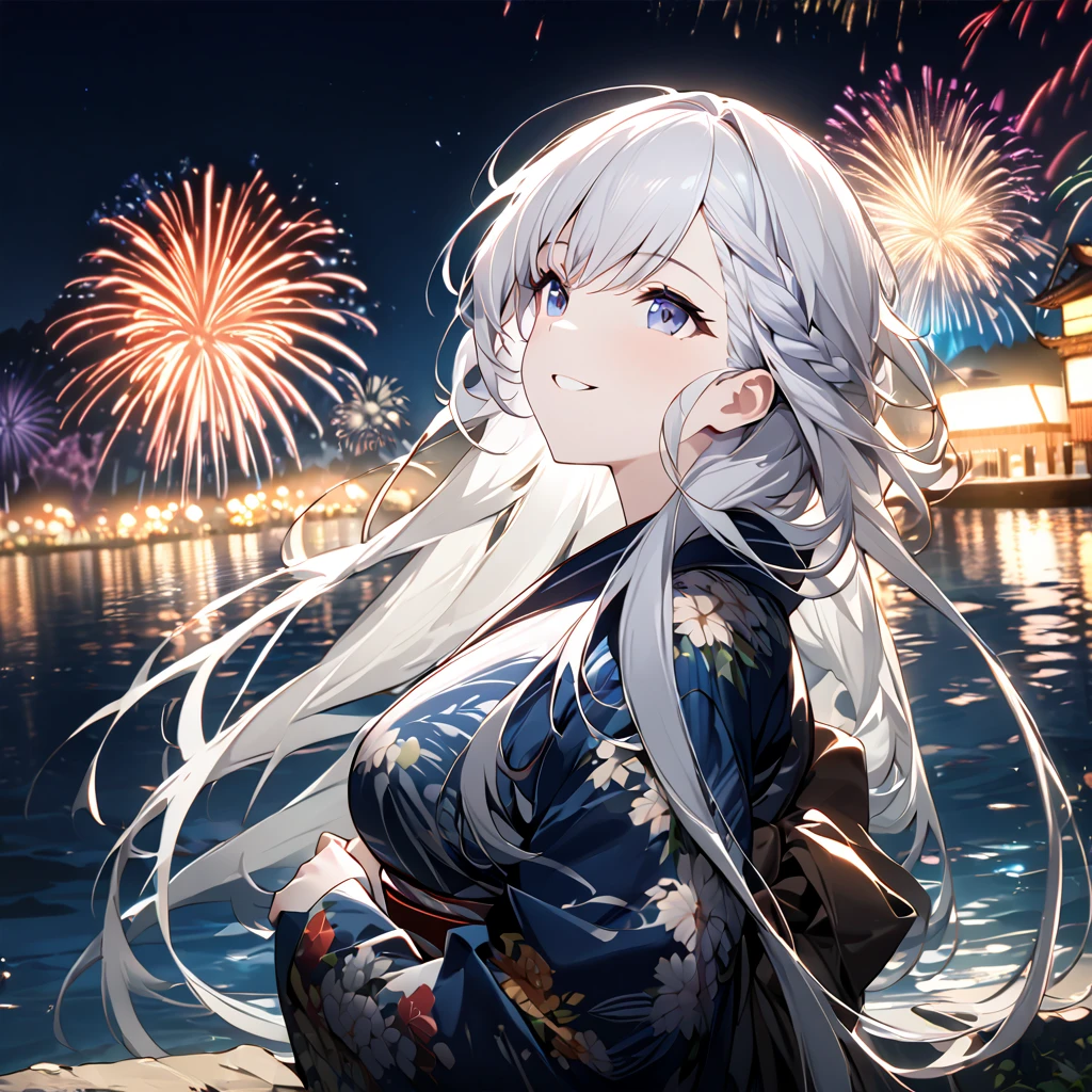 Highest quality, masterpiece, The girl who grants wishes,silver long hair,Dark blue eyes,Double exposure, The best smile, Looking up at the sky, yukata, River bank, Night view, Fireworks display, Big colorful fireworks