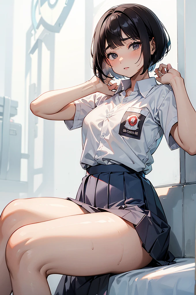 NSFW, 1 woman, 15 years old, ((wolfcut haircut)), black eyes, Indonesian high-school uniform, white shirt, osis logo on shirt pocket, flat breasts, grey pleated skirt, half-shot, innocent look, hands up, sitting, knees up, white panties, spread legs