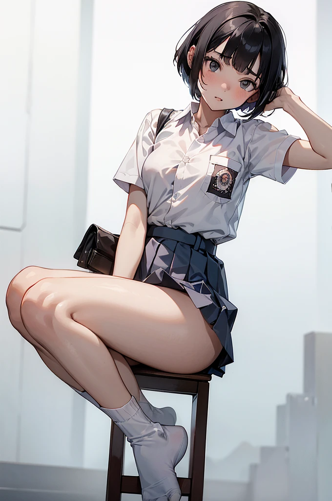 NSFW, 1 woman, 15 years old, ((wolfcut haircut)), black eyes, Indonesian high-school uniform, white shirt, osis logo on shirt pocket, flat breasts, grey pleated skirt, half-shot, innocent look, hands up, sitting, knees up, white panties, spread legs