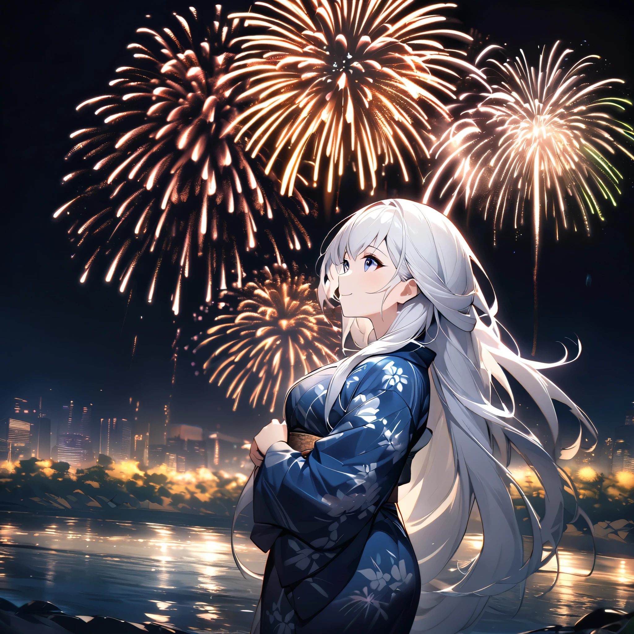 Highest quality, masterpiece, The girl who grants wishes,silver long hair,Dark blue eyes,Double exposure, The best smile, Looking up at the sky, yukata, River bank, Night view, Fireworks display, Big colorful fireworks