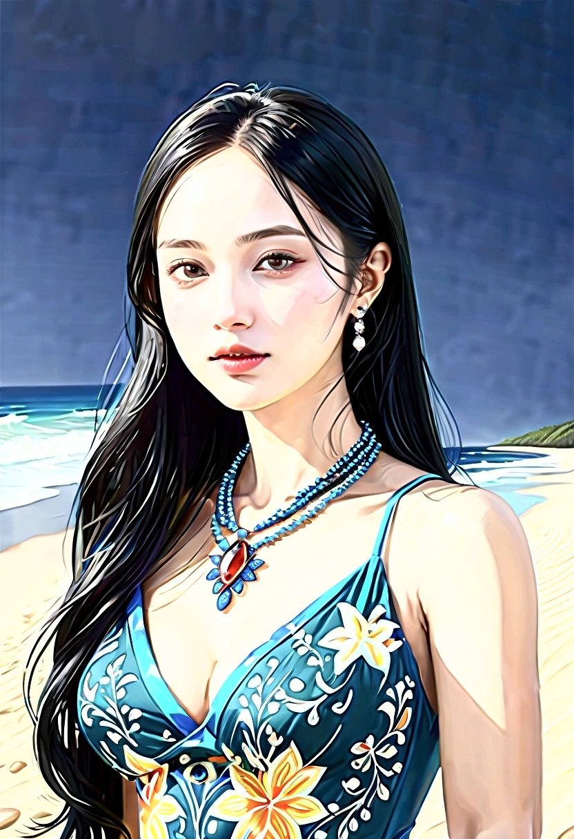 ((Masterpieces with up to 16K resolution:1.6)),Highest quality,it is really amazing,Very detailed,Ultra-high resolution,(Real:1.5),(Realistic:1.5),Increased depth of field,Cinematic Light,
Elegant mature woman,
Long black hair,(Exquisitely detailed face:1.5),Face with a gentle expression,Translucent white skin,Very sensitive skin,Great proportions,Anatomically correct body,
Sexy bikini swimwear,Artistic design,Beautiful and detailed pattern,Detailed fabric texture,Gorgeous necklace,
Coastal landscape at dusk,Dark clouds and dark sky,delay々Continuing sandy beach, Deserted Beach,Dark sea surface,
(Cowboy Shot:1.6),