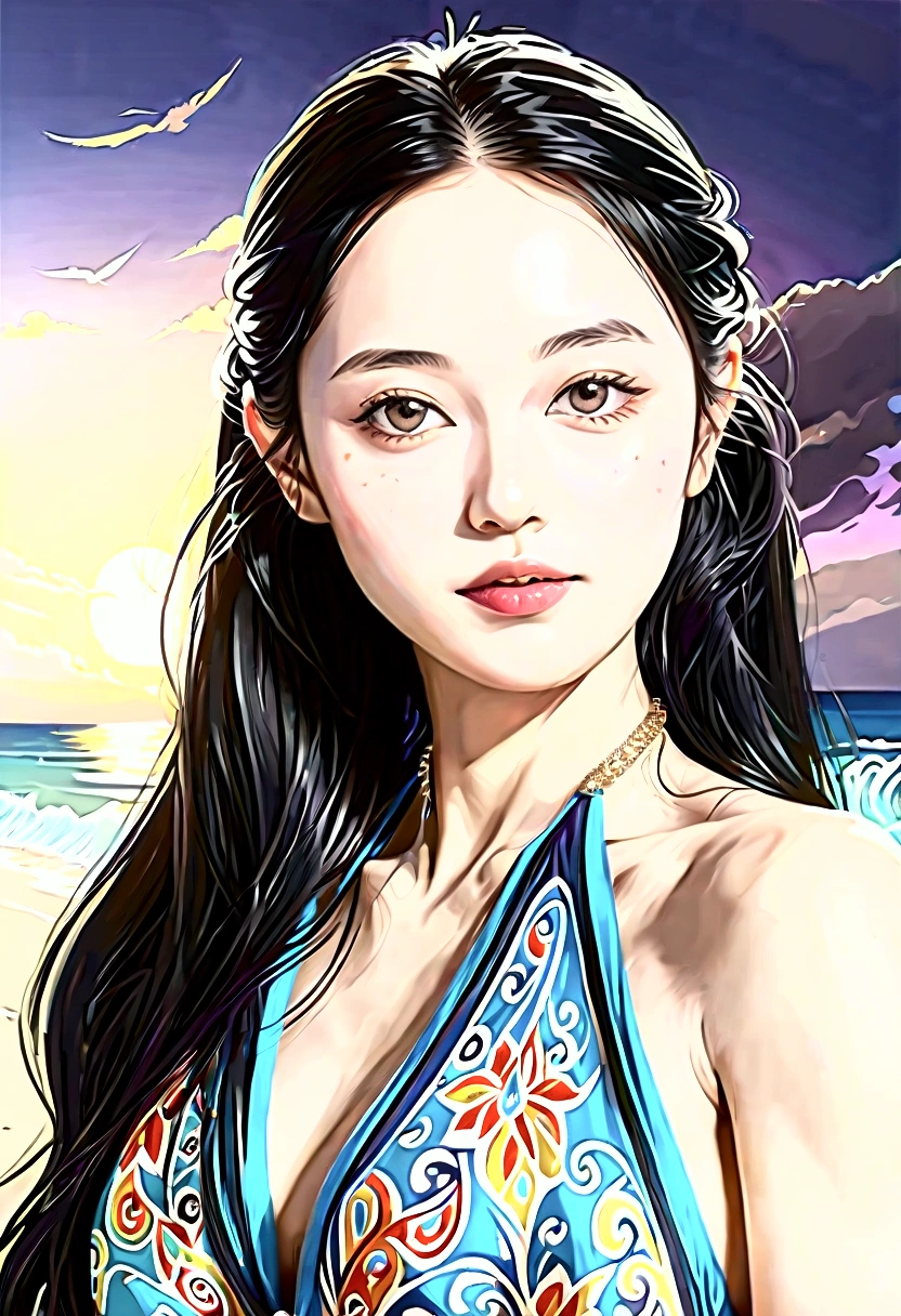 ((Masterpieces with up to 16K resolution:1.6)),Highest quality,it is really amazing,Very detailed,Ultra-high resolution,(Real:1.5),(Realistic:1.5),Increased depth of field,Cinematic Light,
Elegant mature woman,
Long black hair,(Exquisitely detailed face:1.5),Face with a gentle expression,Translucent white skin,Very sensitive skin,Great proportions,Anatomically correct body,
Sexy bikini swimwear,Artistic design,Beautiful and detailed pattern,Detailed fabric texture,Gorgeous necklace,
Coastal landscape at dusk,Dark clouds and dark sky,delay々Continuing sandy beach, Deserted Beach,Dark sea surface,
(Cowboy Shot:1.6),