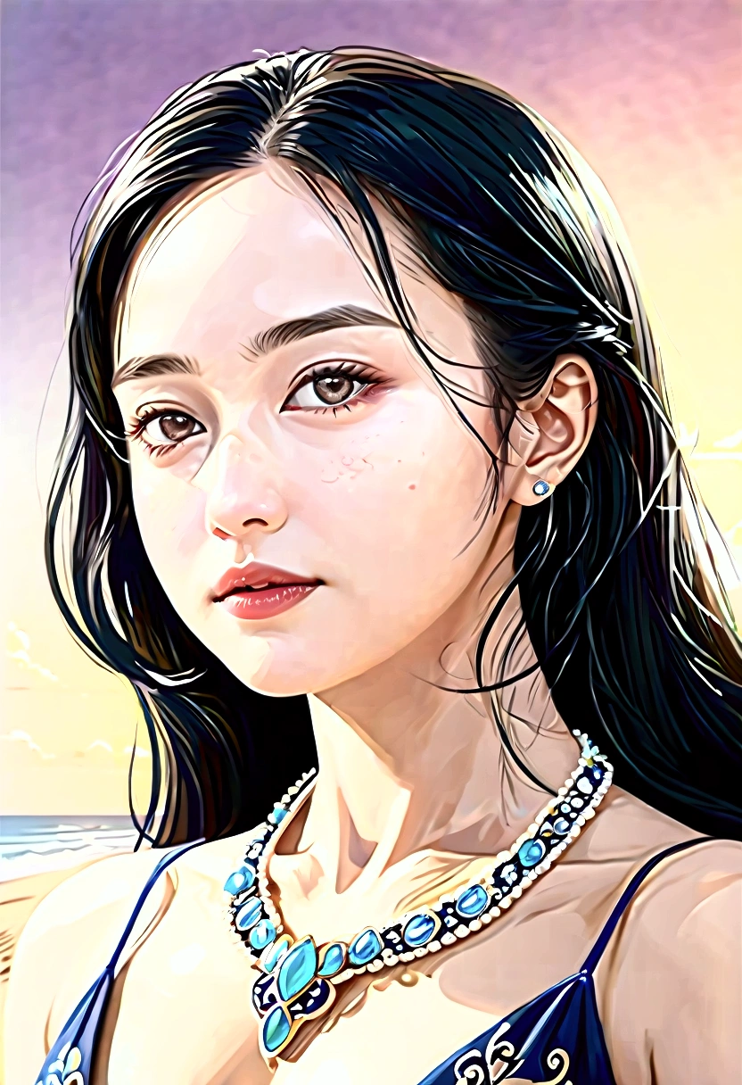 ((Masterpieces with up to 16K resolution:1.6)),Highest quality,it is really amazing,Very detailed,Ultra-high resolution,(Real:1.5),(Realistic:1.5),Increased depth of field,Cinematic Light,
Elegant mature woman,
Long black hair,(Exquisitely detailed face:1.5),Face with a gentle expression,Translucent white skin,Very sensitive skin,Great proportions,Anatomically correct body,
Sexy bikini swimwear,Artistic design,Beautiful and detailed pattern,Detailed fabric texture,Gorgeous necklace,
Coastal landscape at dusk,Dark clouds and dark sky,delay々Continuing sandy beach, Deserted Beach,Dark sea surface,
(Cowboy Shot:1.6),